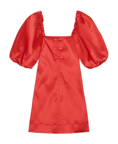 Ganni Double-satin Puff-sleeve Minidress In Red