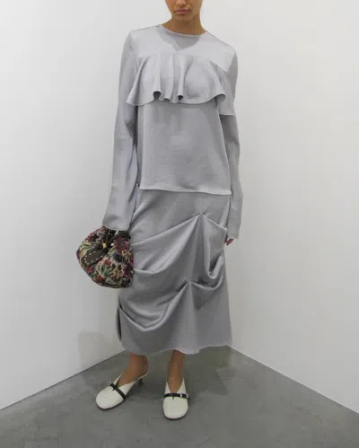 Ganni Double Viscose Satin Long Sleeve Ruffle Top In Gray