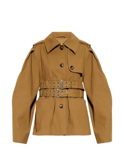 Ganni Double-belted Pleated-sleeve Coat In Brown