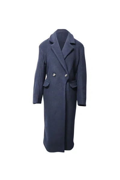 Ganni Double-breasted Coat In Navy Blue Wool In Multi