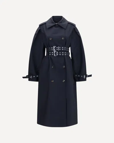 Ganni Double-breasted Cotton Trench Coat With Double Belt In Blue