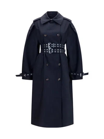 Ganni Double-breasted Cotton With Double Belt Trench Coat In Black