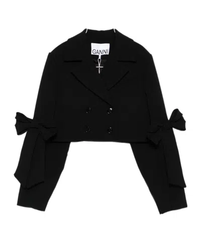 Ganni Double-breasted Cropped Blazer In Black