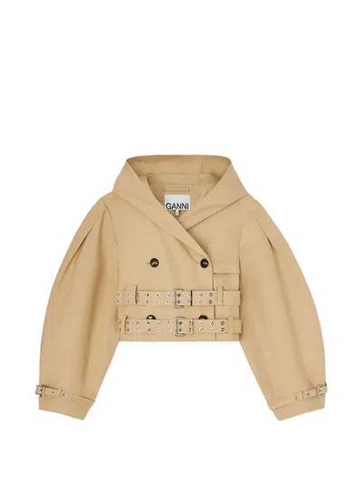 Ganni Double-breasted Cropped Jacket In Brown
