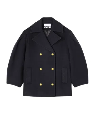 Ganni Double-breasted Oversize Coat In Blue
