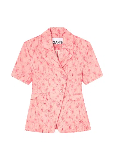 Ganni Double-breasted Short-sleeve Jacket In Pink