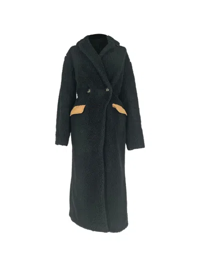 Pre-owned Ganni Double-breasted Teddy Coat In Black