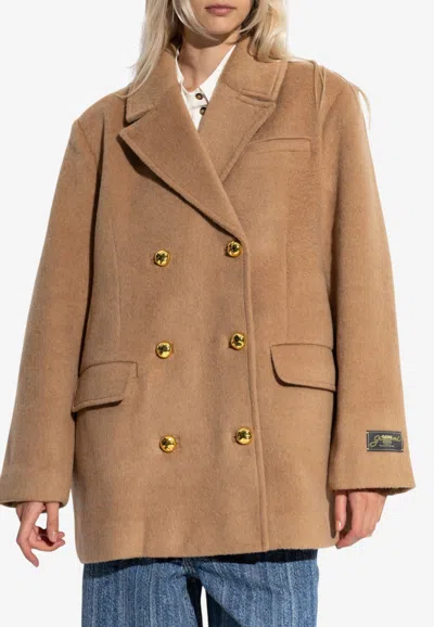 Ganni Double-breasted Recycled Wool Blazer In Brown