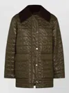 Ganni Down Jacket Corduroy Collar Front Pockets In Green
