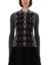 Ganni Grey Sweater With Classic Collar And Check Motif On The Front In Wool Woman In Gray