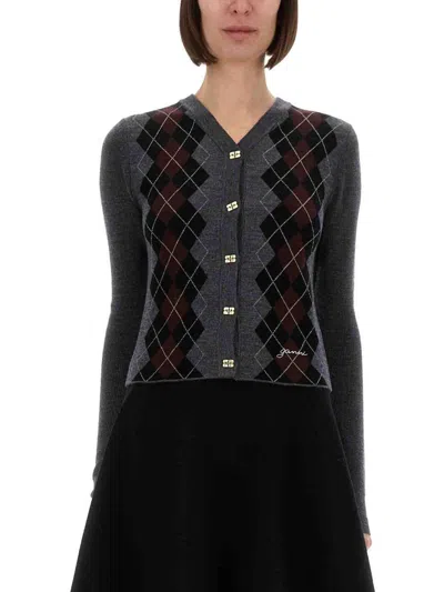 Ganni Jacquard Wool Cardigan In Gray
