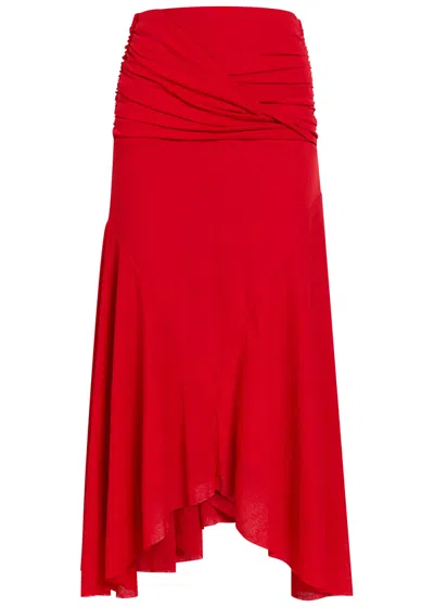 Ganni Draped Asymmetric Jersey Midi Skirt In Red