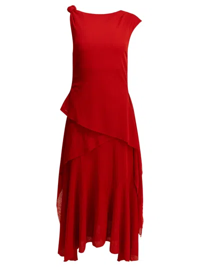 Ganni Long Dress Asymmetric Drape Knotted Shoulder In Red