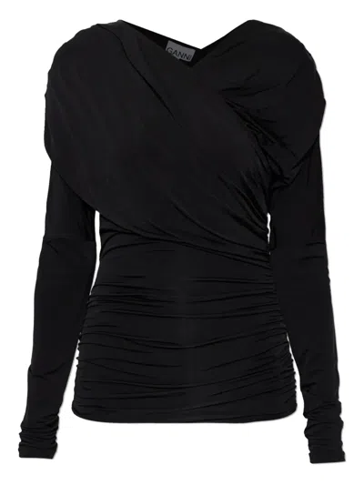 Ganni Draped Long-sleeve Top In Black