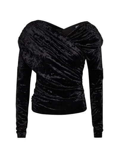 Ganni Ruched Asymmetric Velour Blouse In Black