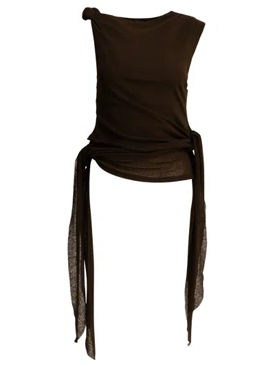 Ganni Draped Tank Top Round Neck Side Tie In Brown