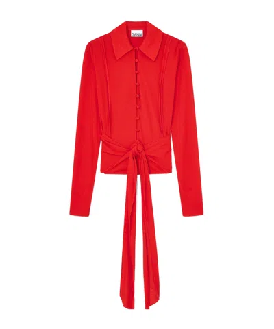 Ganni Draped Wrap Polo Top In Red