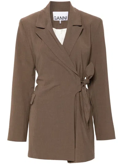 Ganni Drapey Melange Knot Blazer In Brown
