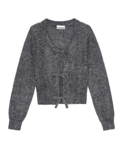 GANNI GREY LIGHT MOHAIR TIE STRING CARDIGAN