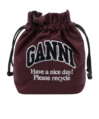 Ganni Drawstring Clutch In Burgundy