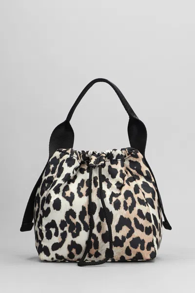Ganni Drawstring Top Animalier Bucket Bag In Leopard