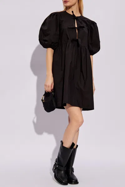 Ganni Cotton Poplin Tie String Mini Dress In Black