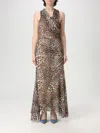 Ganni Brown Long Dress With All-over Leopard Print And Asymmetric Hem In Tech Fabric Woman In Beige