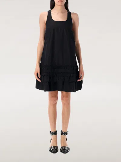 Ganni Ruffle Sleeveless Square Neck Mini Dress In Black