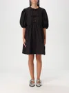 Ganni Cotton Poplin Tie String Mini Dress In 黑色