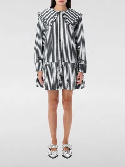 Ganni Womens Black Wide-collar Stripe Organic-cotton Mini Shirt Dress