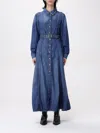 Ganni Blue Long Dress With Adjustable And Removable Waist Belt In Cotton Blend Woman In Blue
