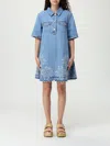 Ganni Denim Dress With Embroidered Hem And Pockets