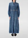 Ganni Blue Long Dress With Adjustable And Removable Waist Belt In Cotton Blend Woman In Blau