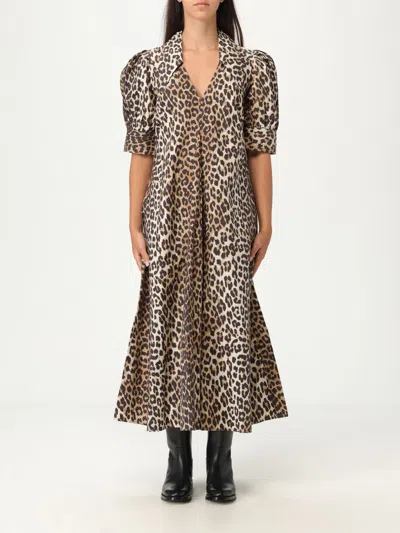 Ganni Organic Cotton Maxi Dress In Animal Print