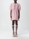 Ganni Striped Puff Sleeve Dress With Bow In Pink