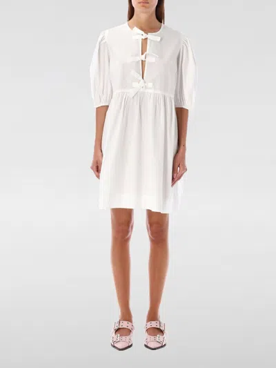 Ganni White Cotton Poplin Mini Dress With Bows In Neutral