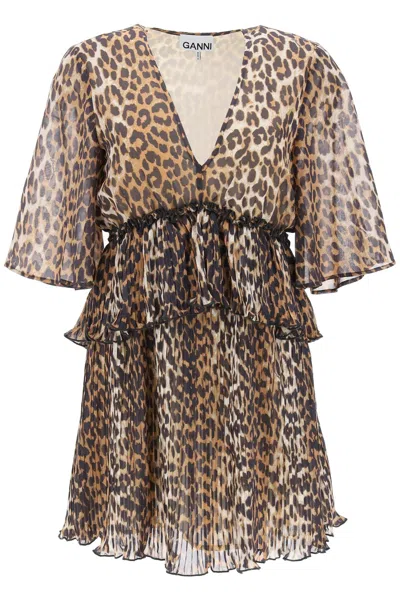 Ganni Dress In Animalier Polyester In Almond Milk (beige)