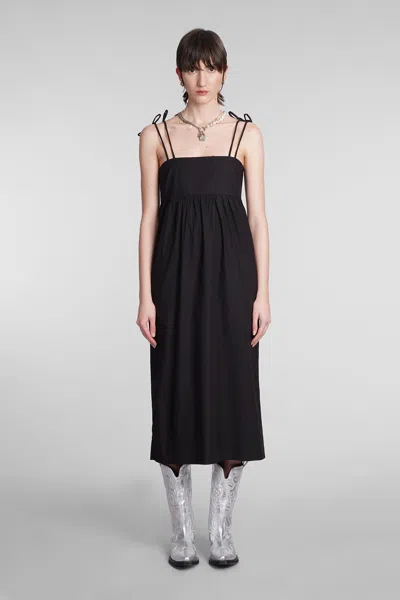 Ganni Shirred Organic Cotton-poplin Midi Dress In Black