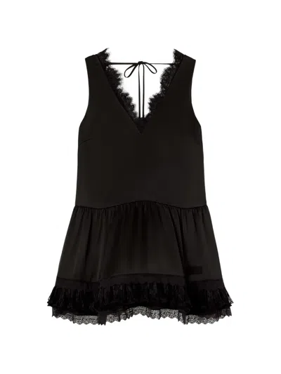 Ganni Fluid Satin V-neck Lace Mini Dress In Black