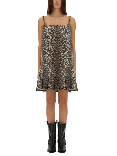 Ganni Animal Print Flared Hem Sleeveless Dress