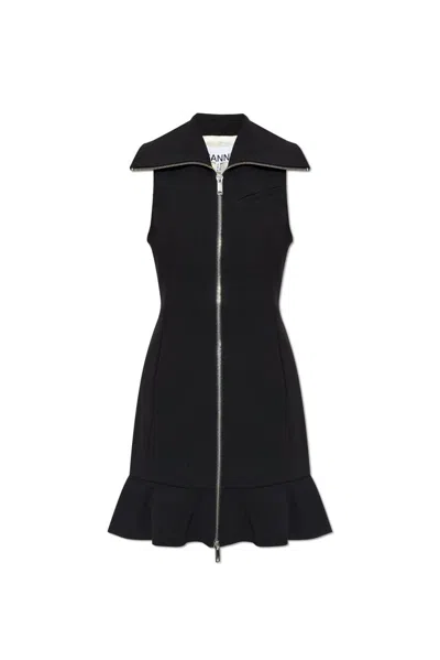 Ganni Paneled Ruffled Crepe Mini Dress In Black