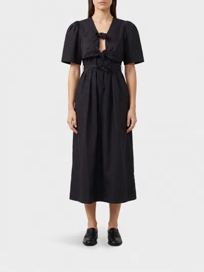 Ganni Belted Bow-embellished Stretch-cotton Poplin Midi Dress In Black