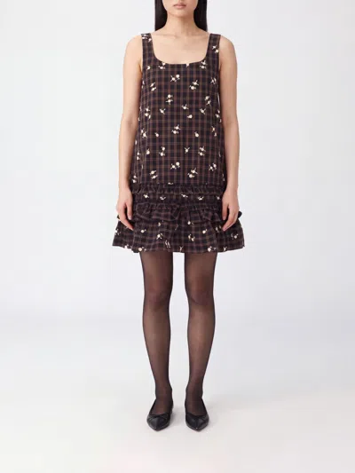 Ganni Checked Floral-embroidered Cotton-poplin Mini Dress In Multi