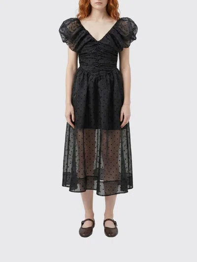 Ganni Ruched Flocked Polka-dot Recycled Organza Midi Dress In Black