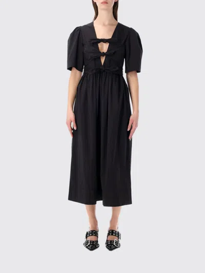 Ganni Belted Bow-embellished Stretch-cotton Poplin Midi Dress In Black