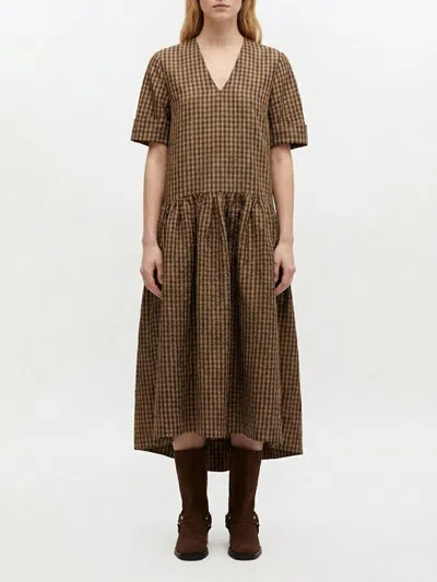 Ganni Crinckled Taffeta Checkered Dress Gathered Waist In Brown