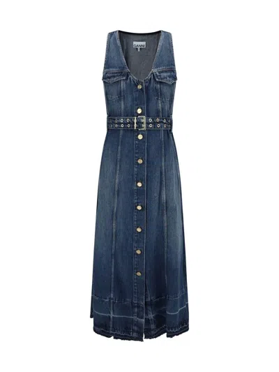 Ganni Belted Denim Midi Dress