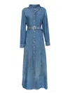 Ganni Blue Long Dress With Adjustable And Removable Waist Belt In Cotton Blend Woman In Blue