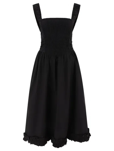 Ganni Ruched Poplin Dress In Black