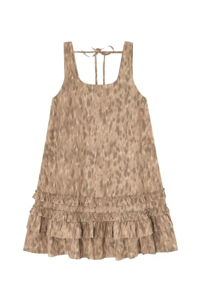 Ganni Ruffled Printed Cotton Minidress In Brown